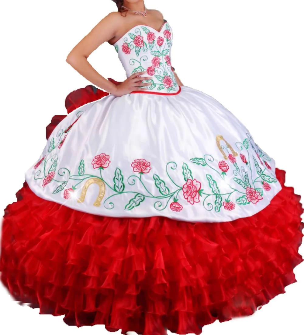New Real White Red Embroidery Quinceanera Dresses Ball Gown Sweetheart Ruffles Vestidos De 15 Anos Sweet 16 Dresses