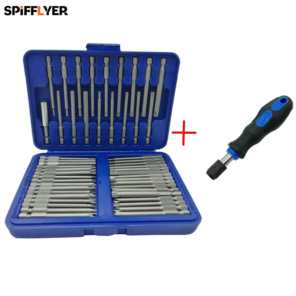 50pc 3/" Extra Long Security Bits Hex Star Torx Spline Flat Screwdriver Bit Set