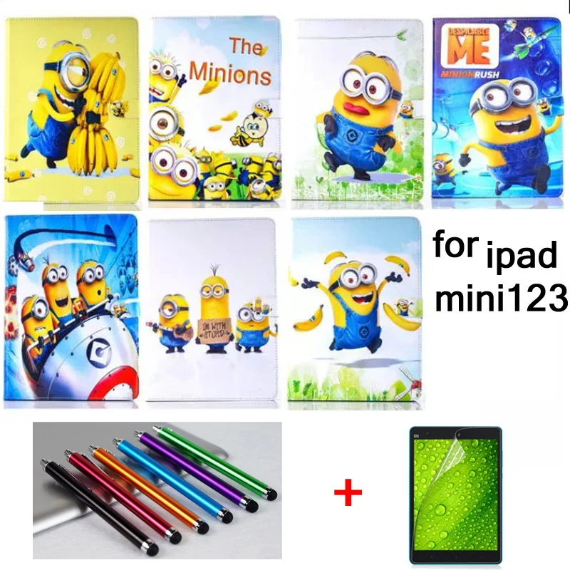 

HOT! High quality fashion Child case cover for ipad mini 1 mini 2 mini 3 Cartoon Series Despicable Me Minion Stand Leather Cover