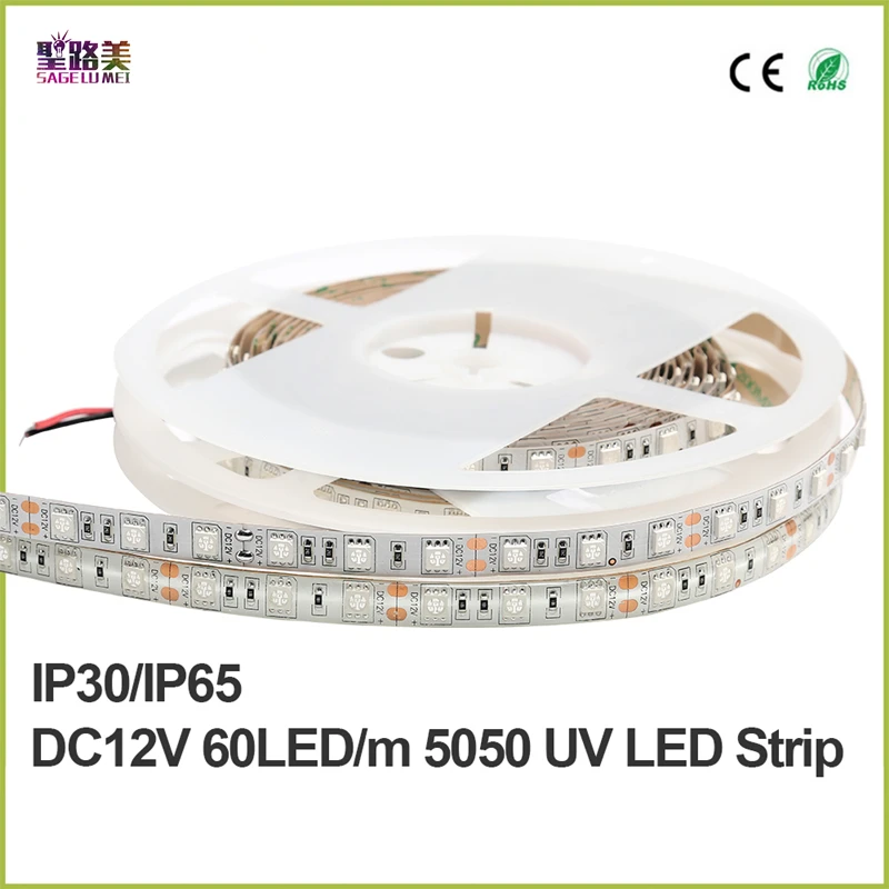 

5m/roll DC12V 5050 UV 60leds/m Ultra Violet 395-405nm LED Strip Light 16.4ft 300LED Waterproof IP65 or NP white/black PCB strip