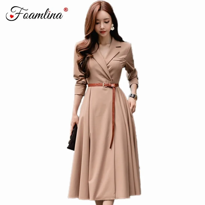 

Foamlina Elegant Ladies Autumn Dress Women Notched Collar Long Sleeve Belted Big Swing Casual Work Office Business Midi Dress