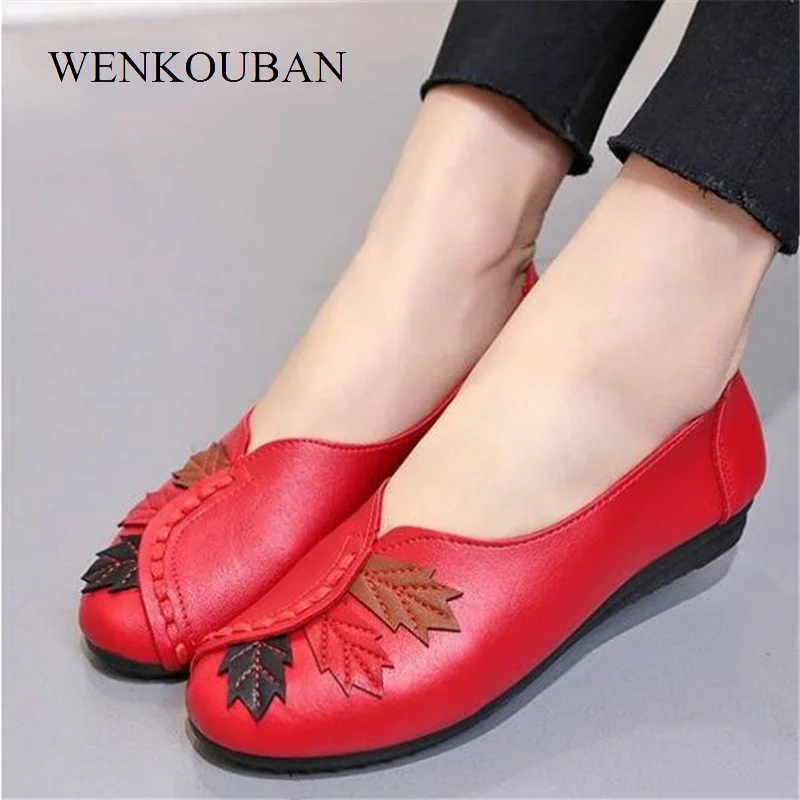 

2020 Women Ballet Flats Slip on Loafers Summer Moccasins Female Genuine Leather Shoes Red Casual Ladies Shoes Zapatos De Mujer