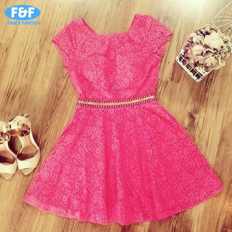 Rose Red Lace Dress 2015 New Plus Size Mini Flower Women Casual Summer O-Neck Solid Short Sleeve A-Line Ladies Dresses | Женская одежда
