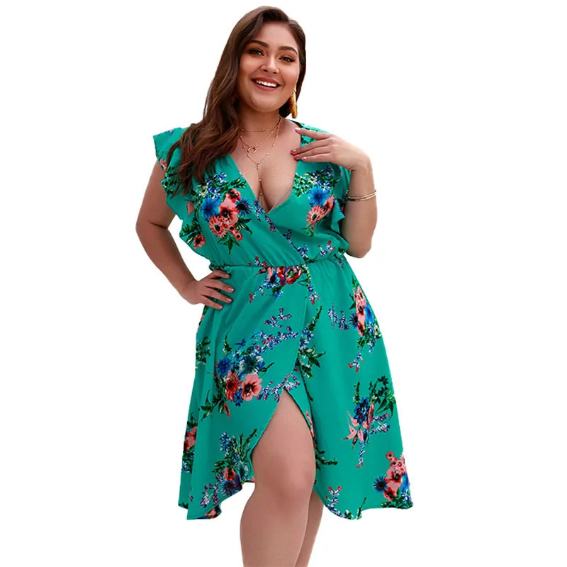 Повседневный Сарафан размера плюс с цветочным принтом вечерние платья запахом