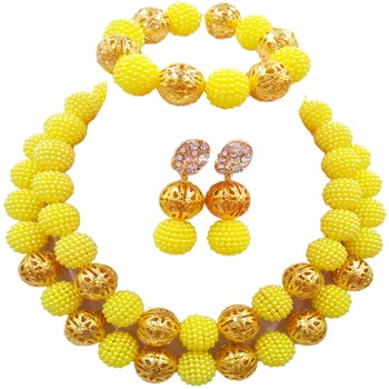 

Yellow Nigerian Wedding African Beads Jewelry Set Simulated Pearl Custume Necklaces Beads Sets 46JQ15