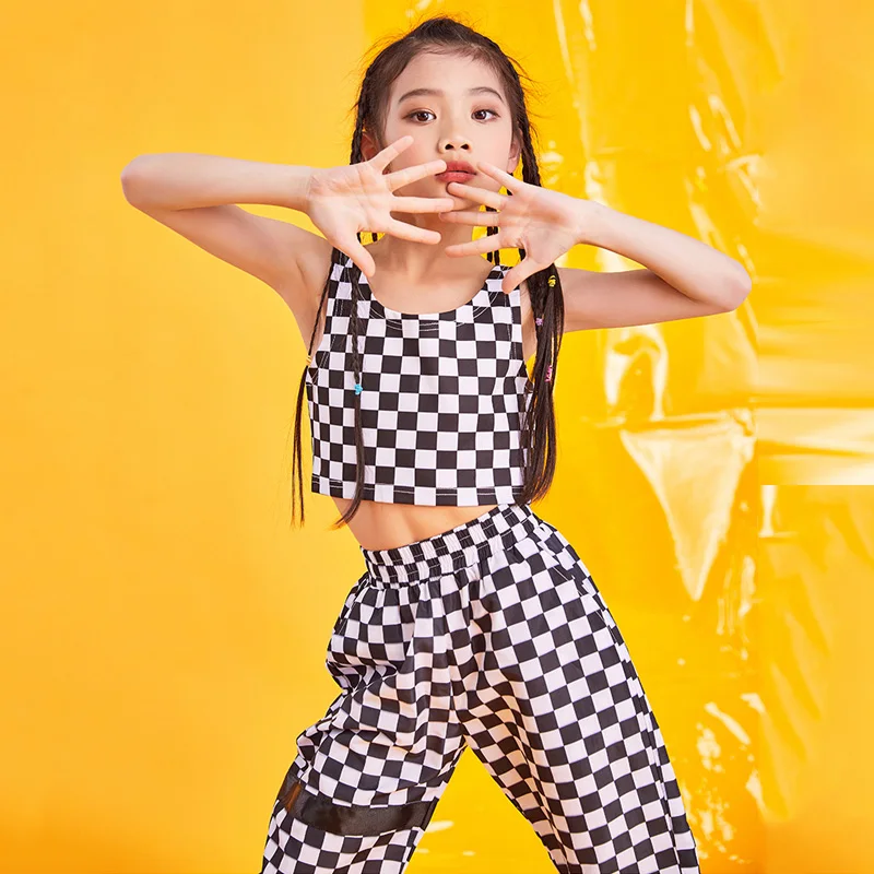 

2019 Children'S Jazz Dance Costumes Hip Hop Girls Street Dance Set Tops Pants 2 Pieces Suit Korean Plaid Dance Clothes DL3686