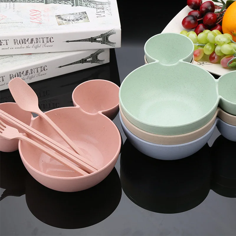 

4PCS/SET Wheat Wtraw Bowl Children Cartoon Tableware Set Baby Dinner Plate Baby Training Bowl Spoon Fork Chopsticks for Kids