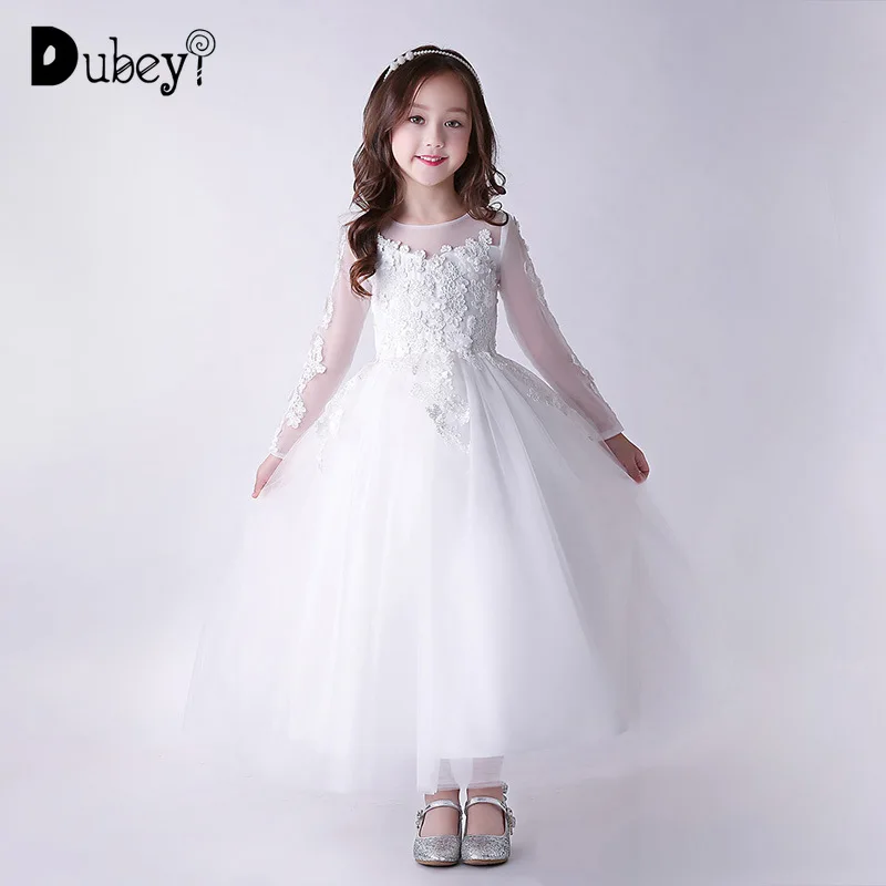 

New Teenager Girls' White Wedding Birthday Party Princess Dress Autumn Winter Elegant Flower Girl Lace Long Dress At Prom