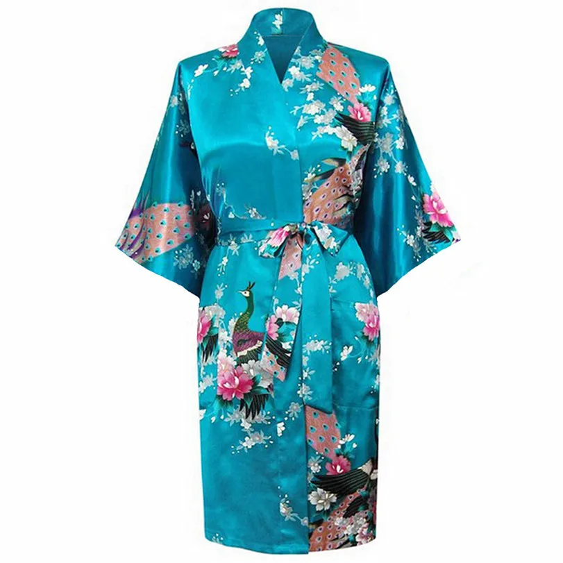 Новинка, цветочный принт, кимоно с v-образным вырезом, халат, халат, летнее женское свободное ночное белье, атласная длинная ночная рубашка, Неглиже - Цвет: Lake Blue A