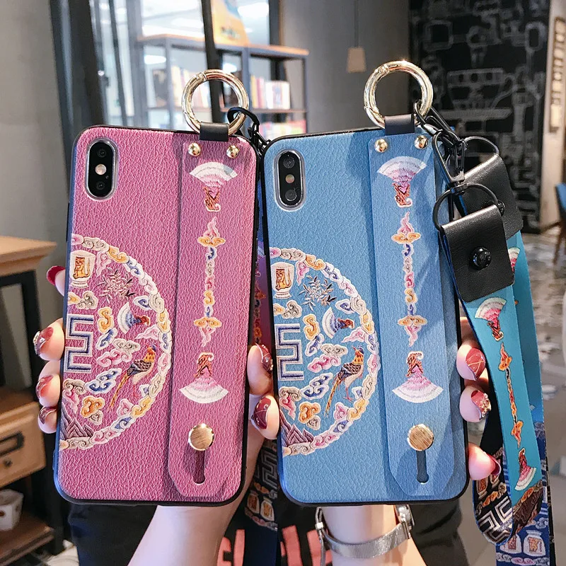

3D Relief Palace flower Fundas Lanyard Holder Stand Phone Case for iphone X XR XS Max Wristband Cover On iphone 6 6S 7 8 Plus