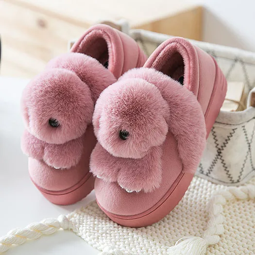 Cute Bedroom Flatforms Fur Soft Winter Fuzzy Women House Fluffy Funny Plush Slippers Rabbit Pom 