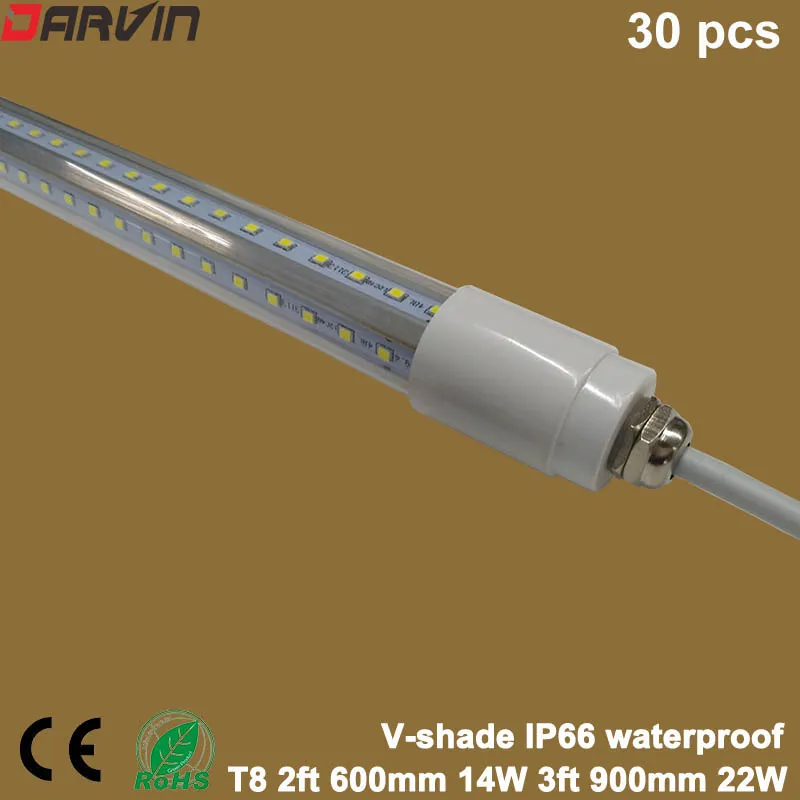 

Водонепроницаемая светодиодная трубка T8 2ft 600mm 14W 3ft 900mm 22W IP66 V-Shade, водонепроницаемая светодиодная трубка, флуоресцентный свет, супер яркий