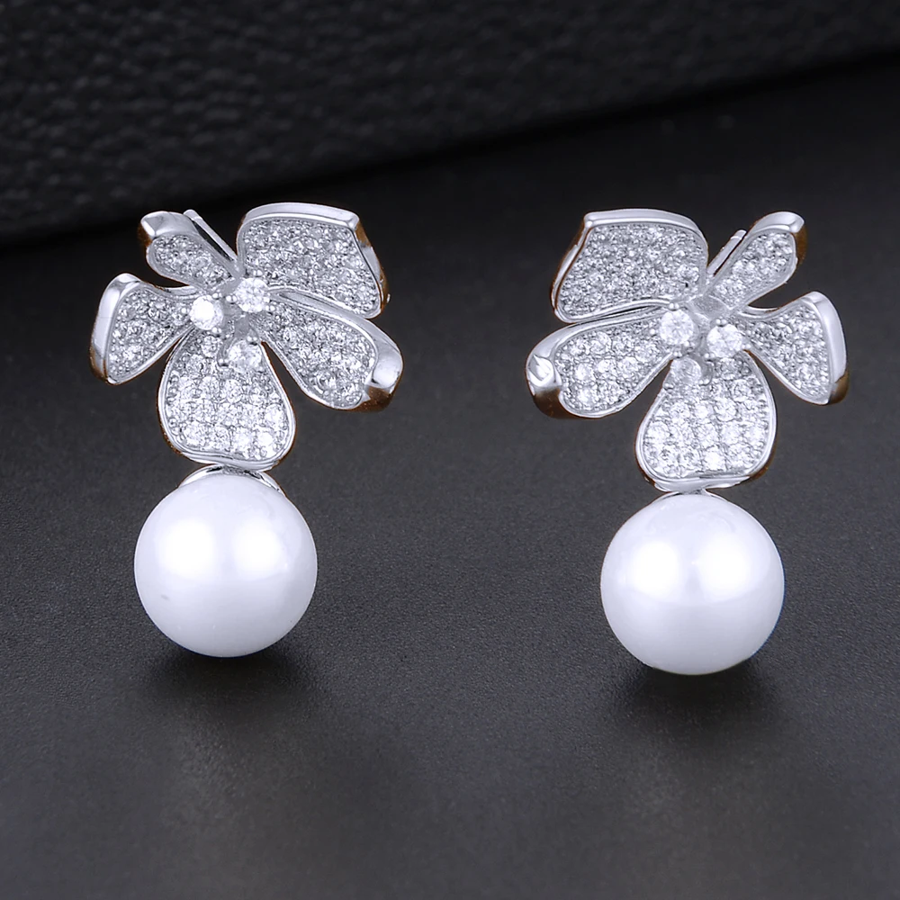 GODKI Мода Имитация Жемчуга Цветок кристалл кубического циркония женские серьги для свадьбы ювелирные изделия pendientes mujer mod