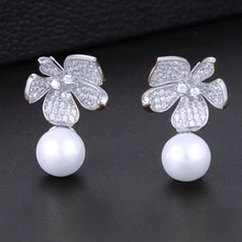 GODKI Мода Имитация Жемчуга Цветок кристалл кубического циркония женские серьги для свадьбы ювелирные изделия pendientes mujer mod