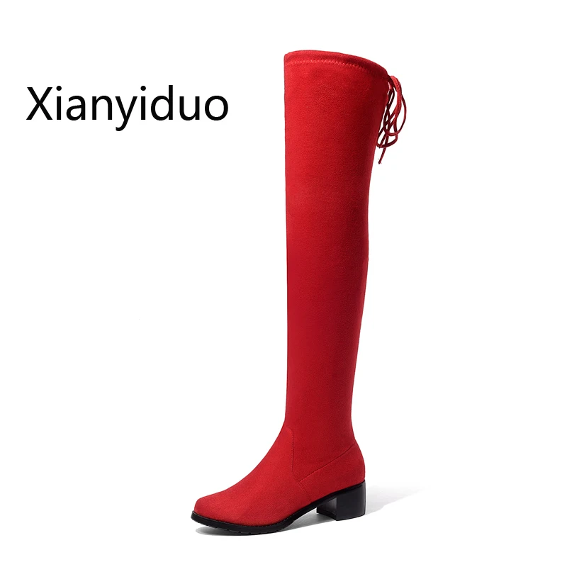 Xianyiduo/Новинка женская обувь эластичные замшевые сапоги до бедра цвет серый