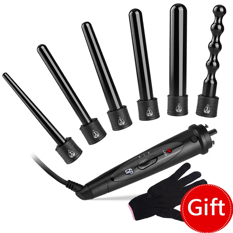 

6 In 1 Ceramic Curling Iron Interchangeable Hair Curler Waver LED Display Curling Wand Roller With Resistant Glove Hair Tool Set