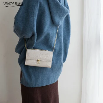 

VENOF Fashion Small crossbody bag for Women crocodile grain split leather ladies Chain Shoulder Handbag Flap clutch bag for 2019