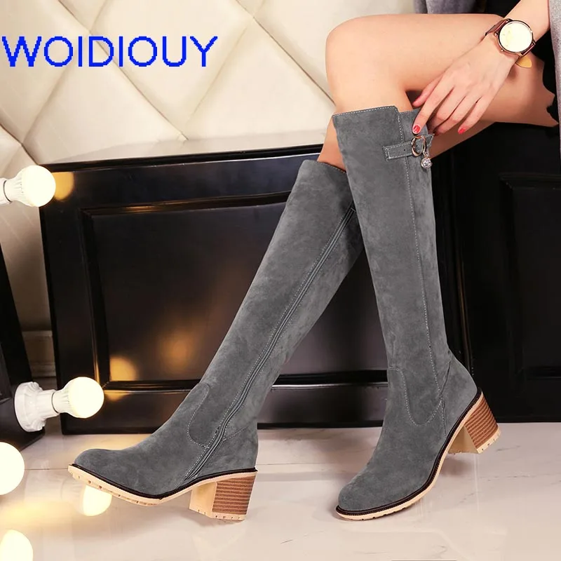 

Botas Mujer Flock Leather Women Knee Boots Lace Up Sexy High Heels Women Shoes Zipper Winter Boots Warm Plus Size