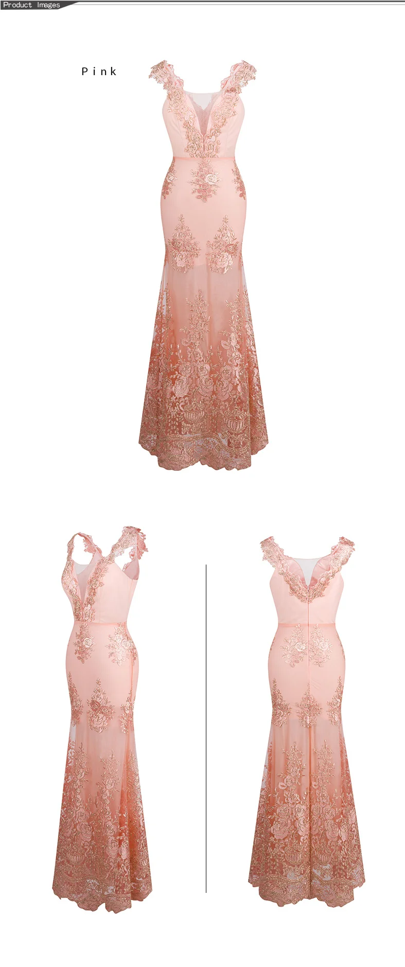 Angel-fashions Womens V Neck Embroidery Lace Flower Mermaid Long Evening Dress Pink 310