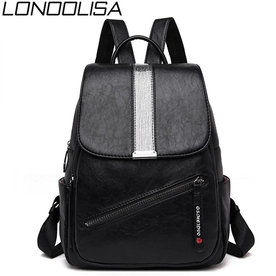 

LONOOLISA Japan Style Women Leather Backpack Sac A Dos 2019 Female Bagpack Ladies Travel Back Pack School Bags For Teenage Girls