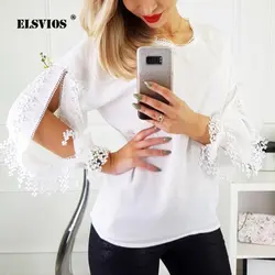 ELSVIOS/Милая шифоновая блузка с круглым вырезом и кружевом, женская рубашка с открытыми плечами, Лоскутные Повседневные топы, весенне-летние