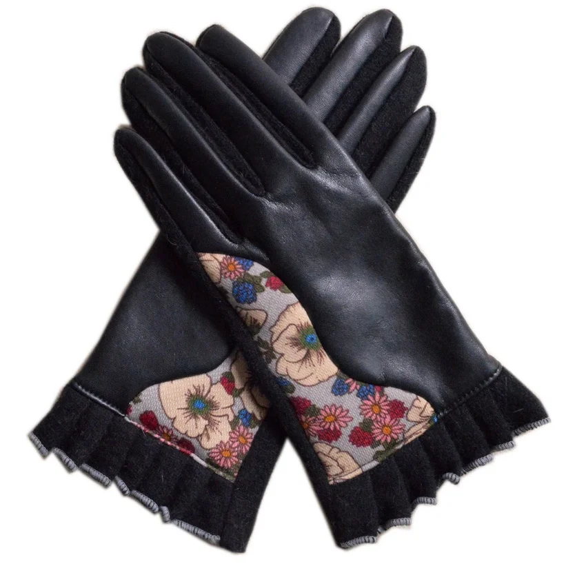 Зимние Утепленные шерстяные женские варежки с принтом Golves, модные перчатки из искусственной и шерстяной кожи с полными пальцами, сексуальные вязаные женские перчатки кофейного цвета - Цвет: black