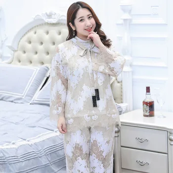 

Autumn Female Pajamas Set Large Size Home Wear Lingerie Lace Trim Night Gown Girl Cute Sleepwear 2PCS Shirt&Pant Plus Size XXXL