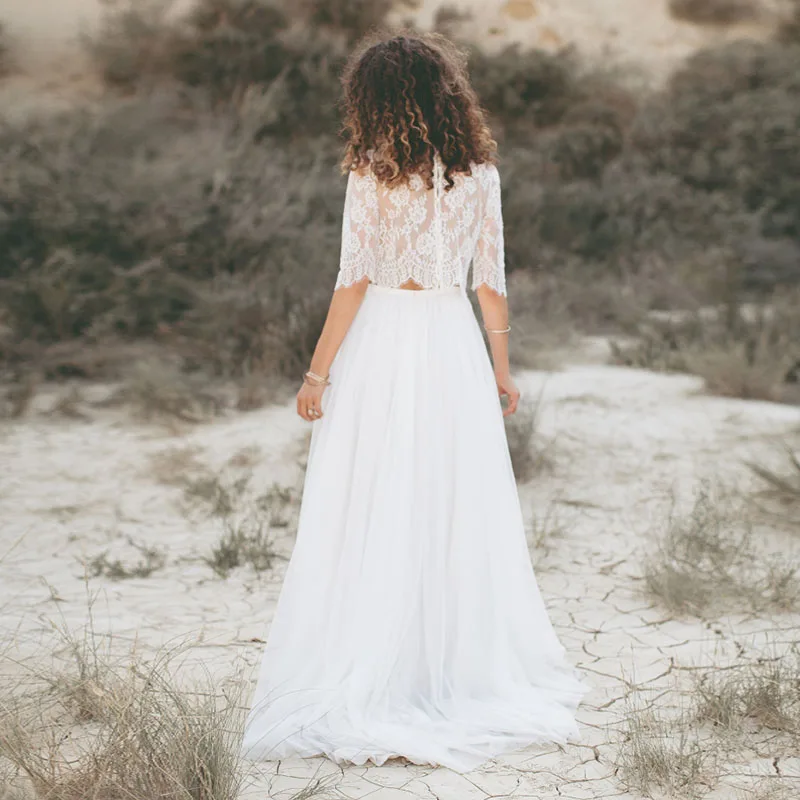 

Two Pieces Wedding Dress Half Sleeve A-Line Lace Top White Ivory Floor Length Bride Dress Country Wedding Gowns