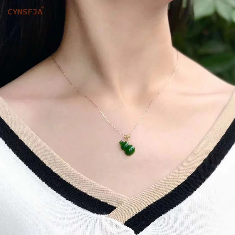 

Certified Natural Hetian Jade Jasper Inlaid 18K Gold Lucky Gourd Jade Pendant High Quality Hand Carved 18K Necklace Best Gifts