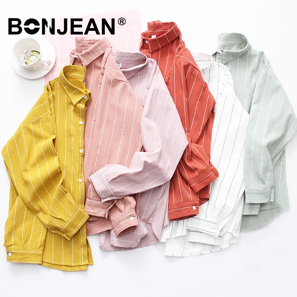 

Cotton Shirt Women Office Blouse Long Sleeve Striped Ladies Tops Pink Yellow White Green Red Harajuku Woman Blouses Spring Z127