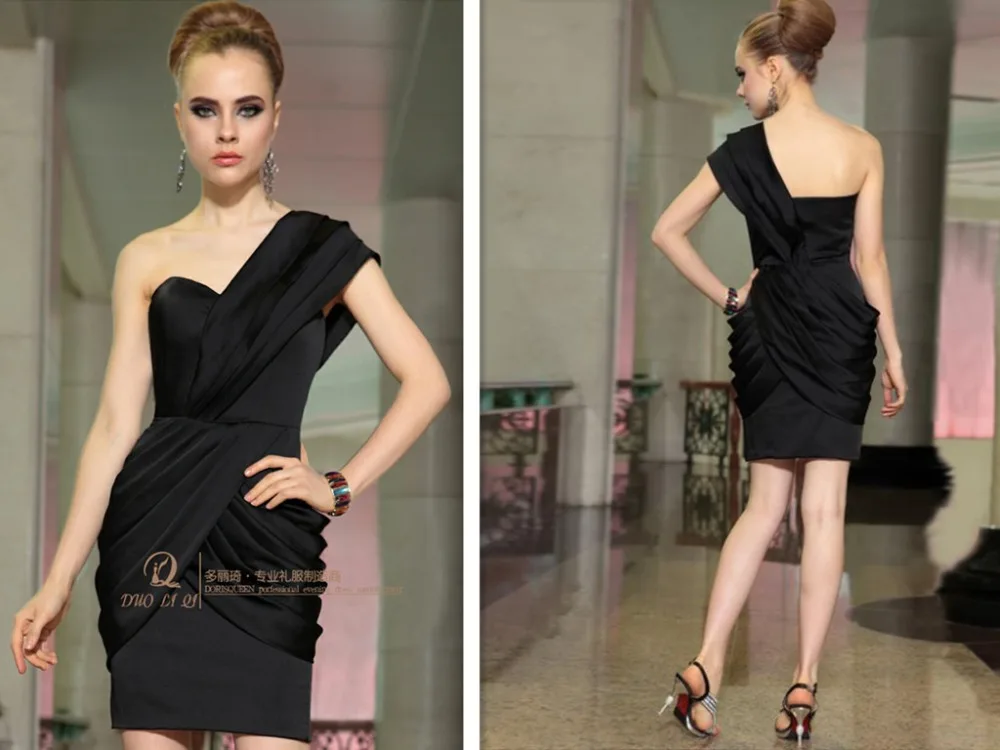 

free shipping 2013 new black dress one shoulder mini racerback dress formal dress costom size/color short sexy celebrity dress