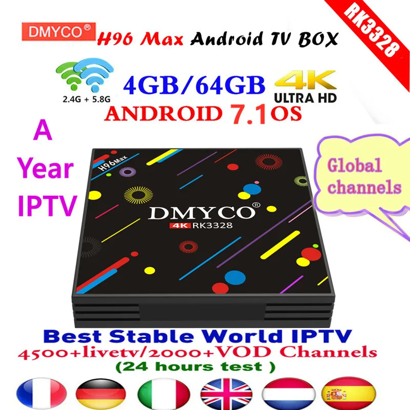 

2019 H96 Max Android 7.1 TV BOX RK3328 4GB Ram 64GB Rom USB 3.0 4K IPTV 4600+Global Channels Europe Russia France TV Set top Box