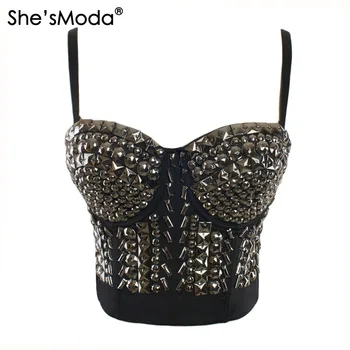

She'sModa Silver Rhinestone Gaga Bustier Pearls Push Up Night Club Bralette Women's Bra Cropped Top Corset Plus Size
