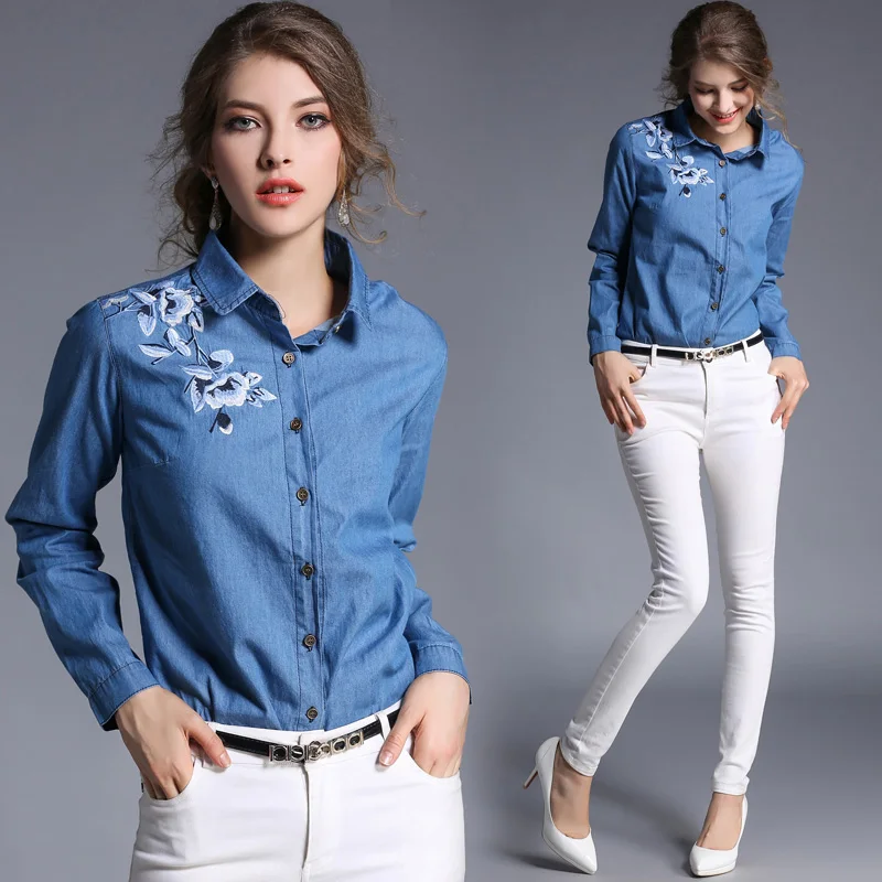 jean blouse Women embroidered denim blouse flower vintage wash denim shirt women jeans shirt tops clothes femme denim blouses