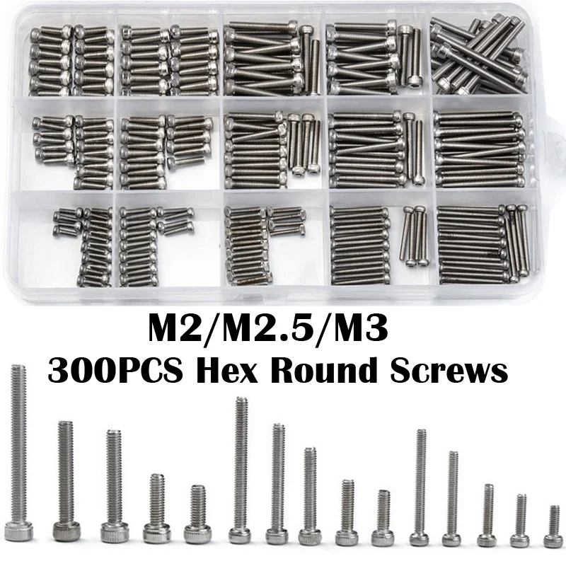 300PCS M2/M2.5/M3 Stainless Steel Socket Head Cap Screws Hexagon Hex Round Screw Bolt Assorted set | Обустройство дома