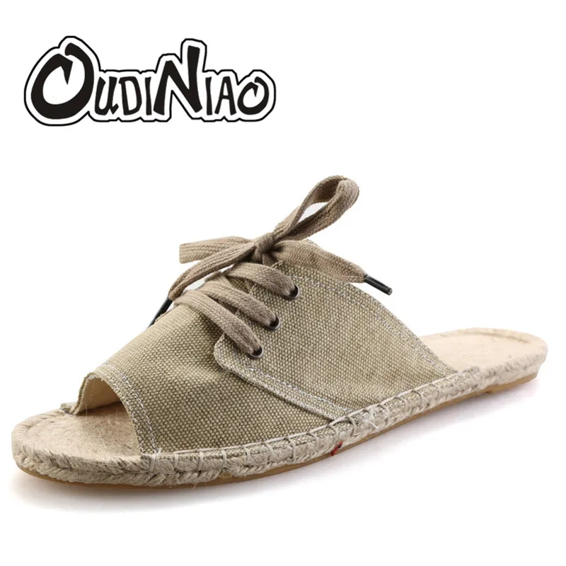 OUDINIAO Summer Men Slipper British Designer Slides Japanese Style Shoes Mens Slipper Brand New Hemp Shoes For Men Shoes 2017