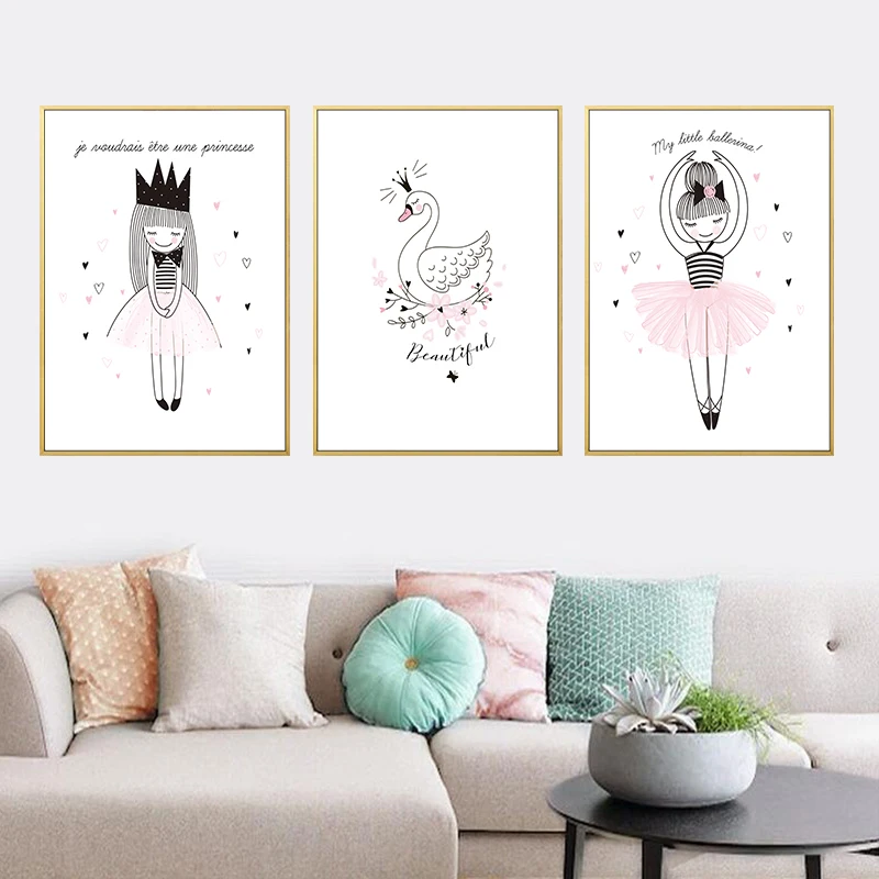 

Nordic Ins Cartoon Girls and Swan Art Canvas Painting Print Poster Wall Art Pictures For Kids Bedroom Nursery Home Decor