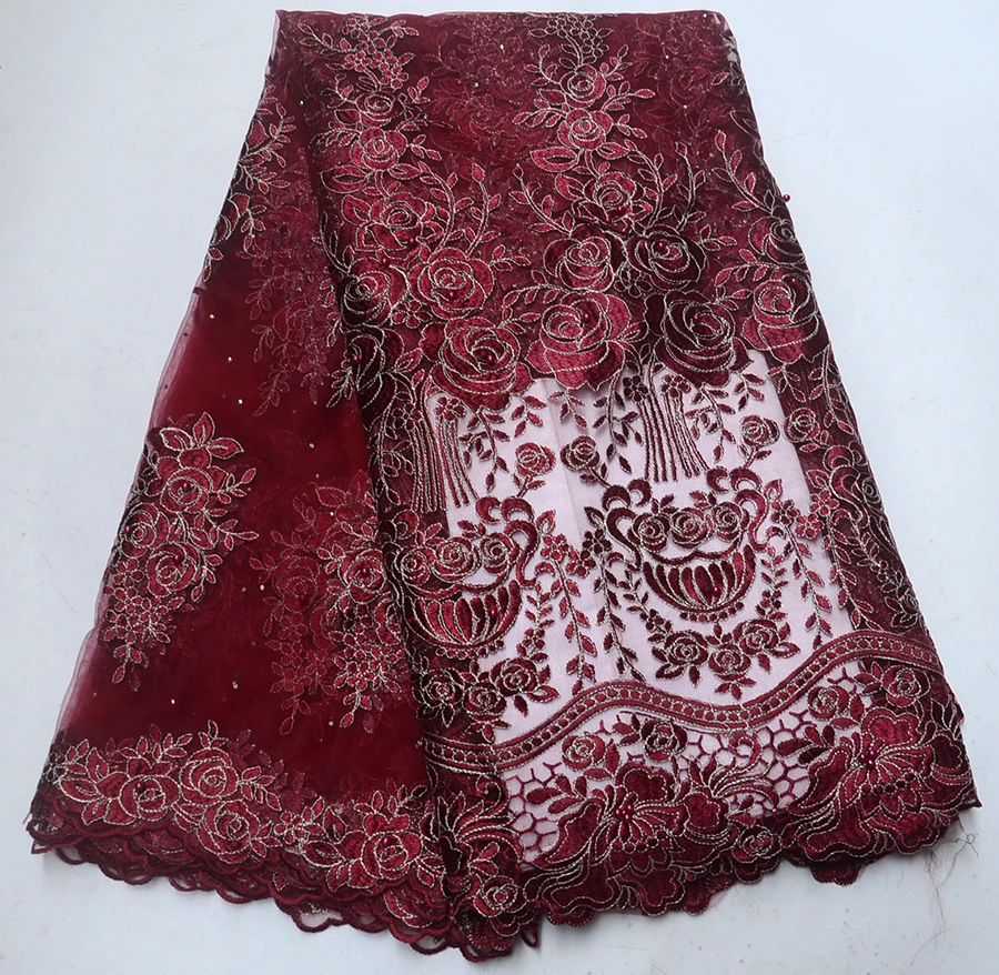 

2018 Latest African French Lace Fabric High Quality African Tulle Lace Fabric For Wedding wine red