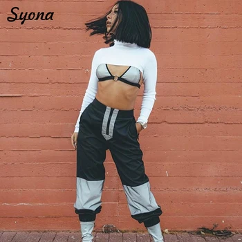 

2018 Baggy HAREM PANTS High Waist Satin Trousers Jogger Women Summer Sweatpants Black Zipper Reflector Pantalon Lightweight Thin
