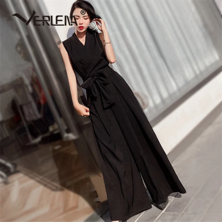 

Verlena 2019 Hot Long Wide Leg Streetwear OL Bodysuit Women White Elegant Jumpsuit Summer Sleeveless Wrap Front Bow Belt Overall