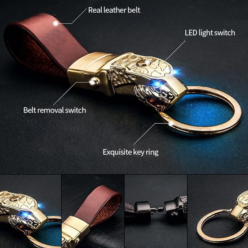 Car Keychain LED Light Key Rings Hanging Pendant Leopard Head For Motorcycle Men Women Key Chain Holder Gift on Auto Accessories