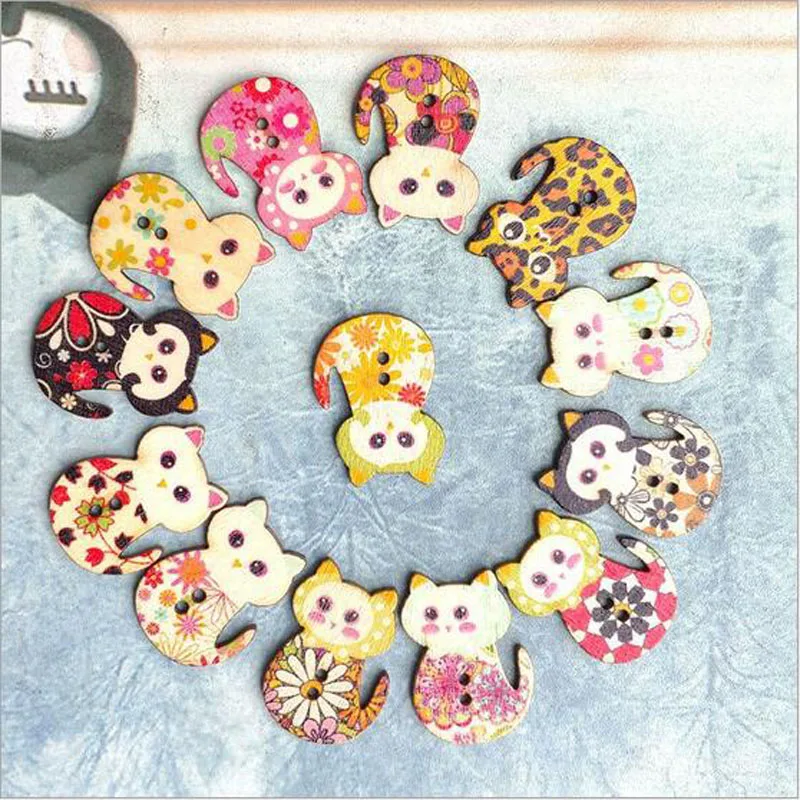 

Hot 50 Pcs Mixed Color Cute Cat Multicolor Botones 2 Holes Wooden Printing Buttons Sewing Accessories Scrapbooking