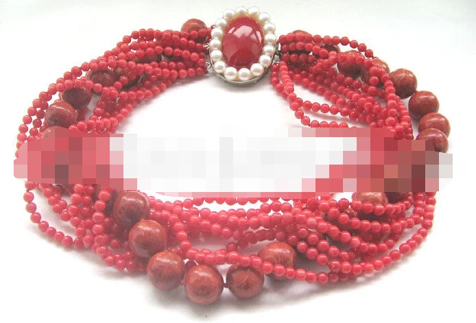 

FREE SHIPPING>>>@@ > 1081 10row 18" round red coral necklace - pearl clasp