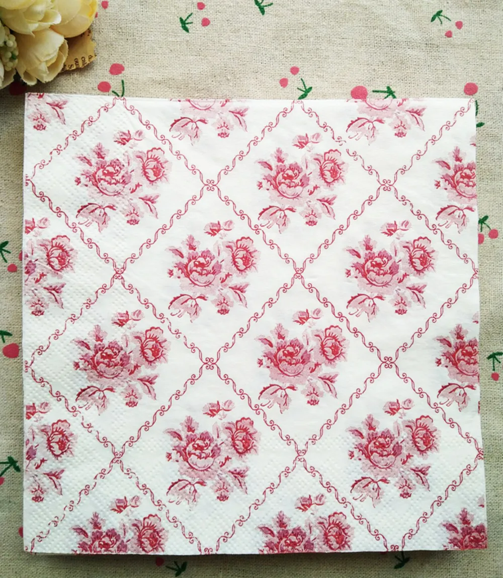 Table tissue napkins paper printed red rose Grid handkerchief decoupage wedding serviette
