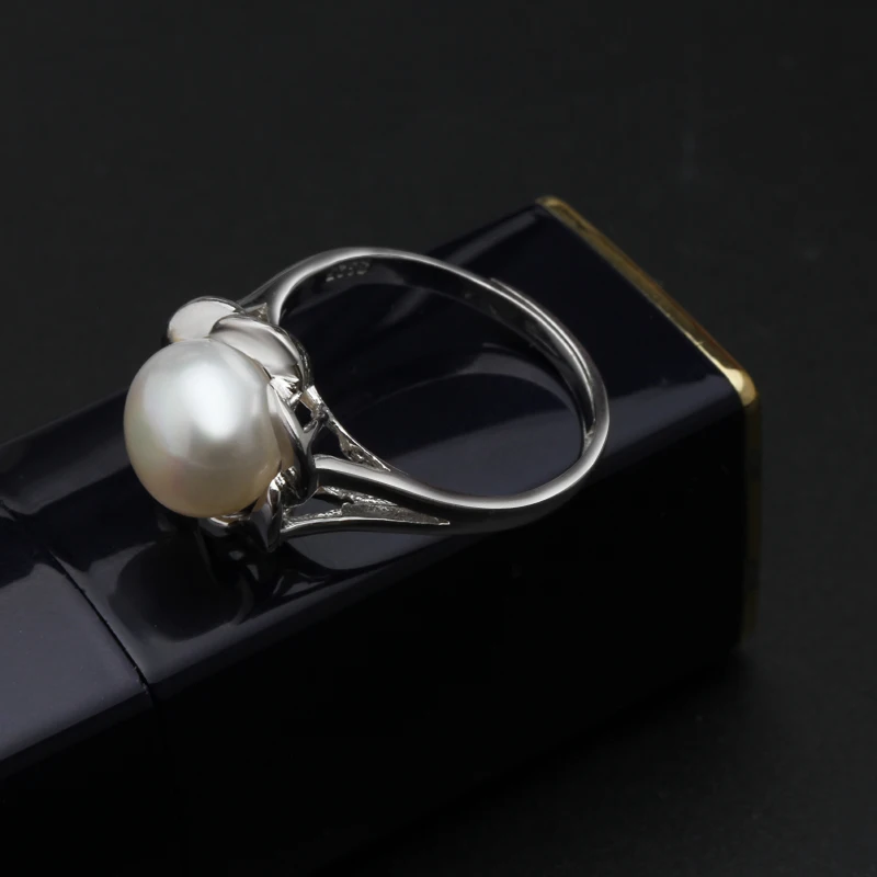 Настоящее цветочное кольцо серебро 925, белое черное кольцо с натуральным пресноводным жемчугом регулируемое