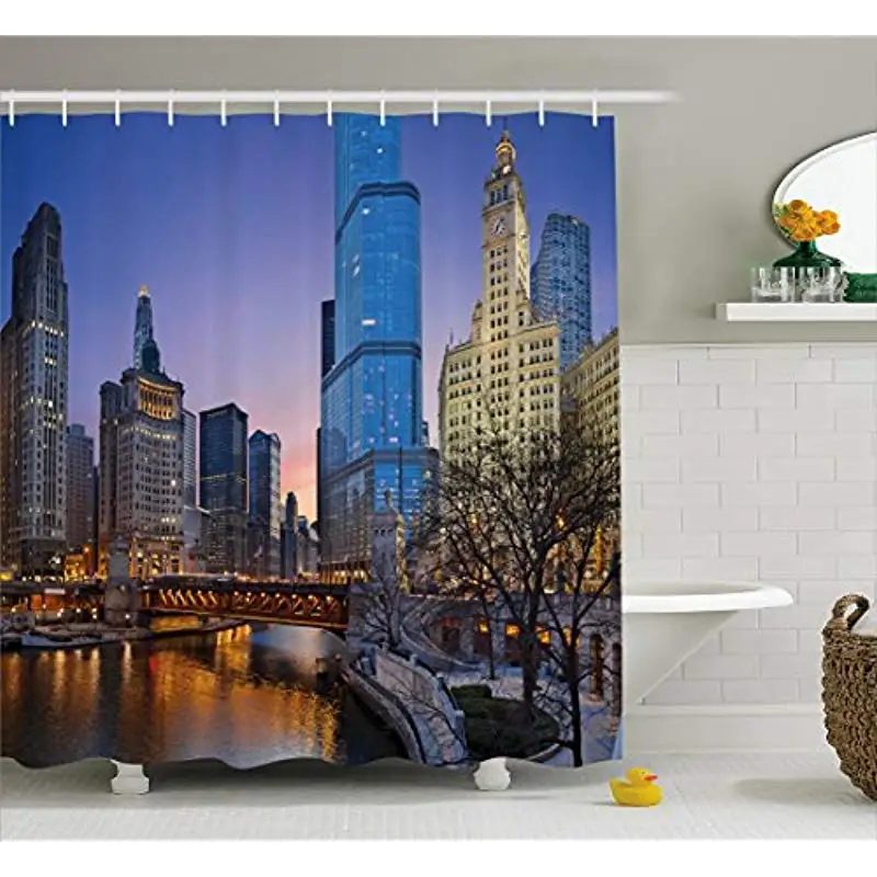 

Vixm Usa Chicago Cityscape with Rivers Bridge and Skyscrapers Cosmopolitan City Fabric Landscape Shower Curtains