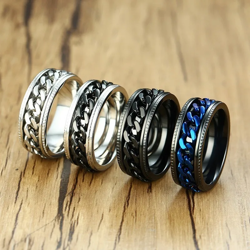 Stylish Spinner Rings for Men 8MM Black/Blue/Silver Color Stainless Steel Intertwine Center Chain Anel anillo masculino Jewelry | Украшения