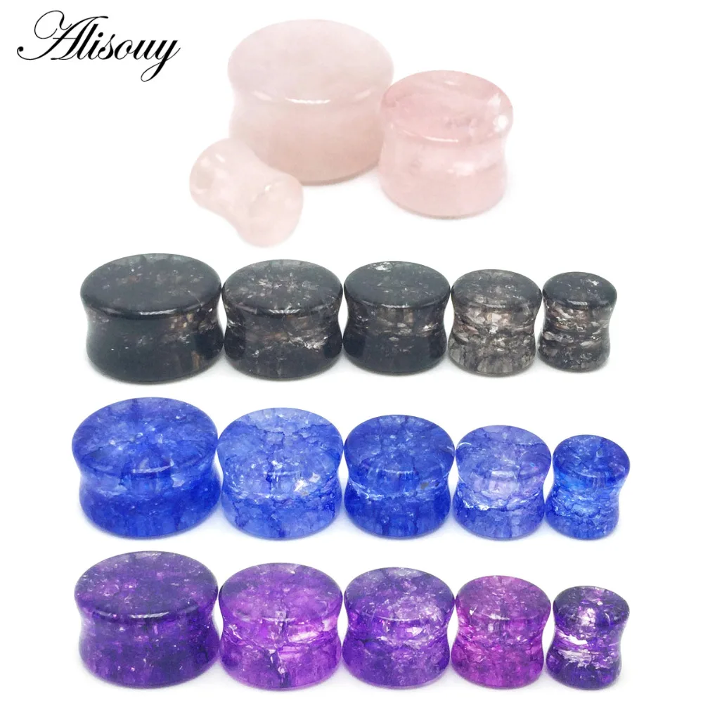 

Alisouy Ear Expander Body Piercing Jewelry 1 Pair Organic Shattered Quartz Stone Ear Saddle Plugs Double Flared Tunnel Gauges
