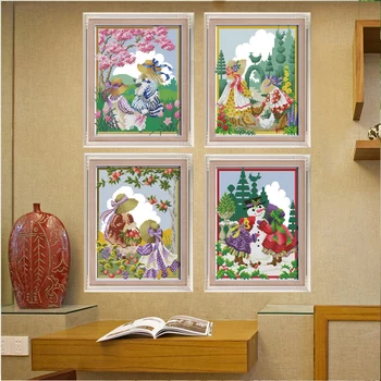 

Needlework DIY DMC Cross stitch Sets For Embroidery kits 14ct 11ct Printed Cotton Thread Four Seasons Girls Cross-Stitching