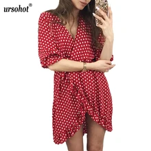 Ursohot в горошек красное платье Для женщин 2018 Лето Половина рукава Высокая талия оборками Обёрточная бумага Туника пикантные пляжные вечерние Шифон Vestidos